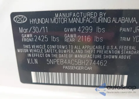 2011 Hyundai Sonata Gls из США, поврежденный, VIN 5NPEB4AC5BH274462
